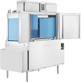 A large industrial stainless steel conveyor dishwasher with open front and side doors reveals blue interior panels and racks for dishware. Featuring automatic soil removal, the Hobart machine stands on metal legs, with a control panel at the top center.