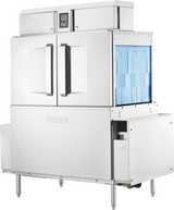 A large, industrial stainless steel conveyor dishwasher with two front doors and a top control panel. The right side has blue plastic dividers for organizing trays or utensils. The brand “HOBART” is visible on the front.