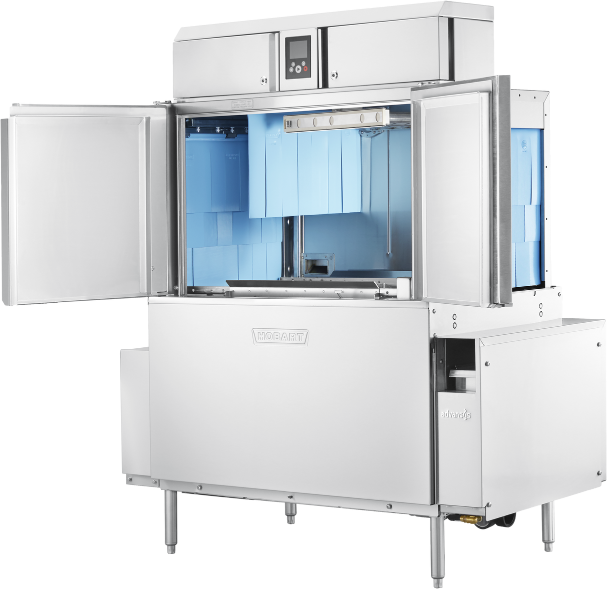 A large, industrial MEIKO conveyor dishwasher stands on metal legs with one door open, revealing light blue panels and spray arms. The control panel sits on top, featuring automatic soil removal for efficient cleaning and performance.