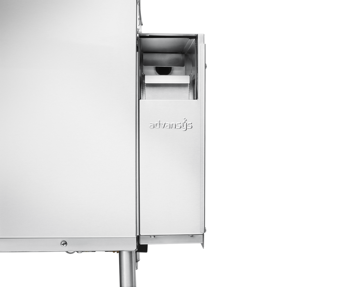 A stainless steel Advansys conveyor dishwasher features a close-up of the front and right side, highlighting a rectangular compartment and handle. The image showcases its automatic soil removal design against a solid black background.