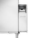 A stainless steel Advansys conveyor dishwasher features a close-up of the front and right side, highlighting a rectangular compartment and handle. The image showcases its automatic soil removal design against a solid black background.