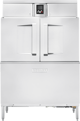 A large commercial stainless steel conveyor dishwasher with double front doors, a digital control panel, and ENERGY STAR efficiency. The Hobart CL44-BAS features a modern, industrial design ideal for professional kitchens.