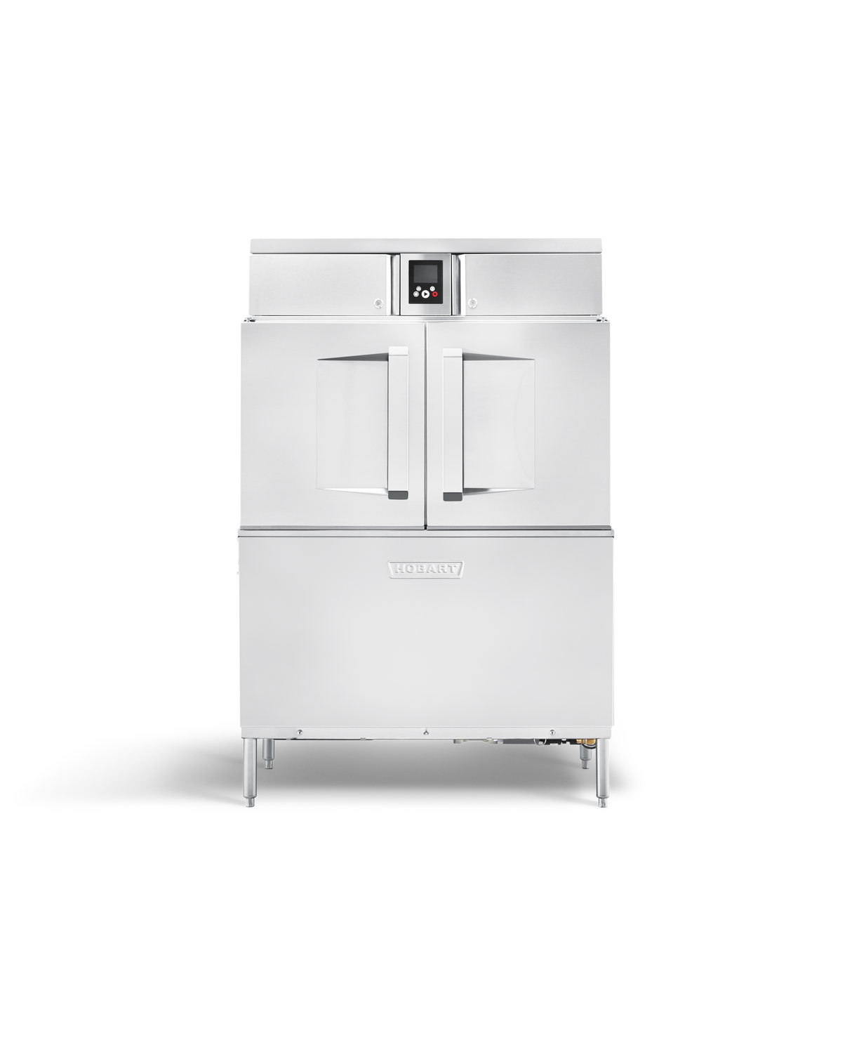 A front view of a large, stainless steel Hobart CL44-BAS commercial oven with double glass doors and a digital control panel above. Standing on four metal legs, it features ENERGY STAR efficiency. The solid black background highlights its modern design.