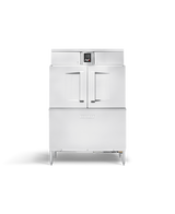 A front view of a large, stainless steel Hobart CL44-BAS commercial oven with double glass doors and a digital control panel above. Standing on four metal legs, it features ENERGY STAR efficiency. The solid black background highlights its modern design.