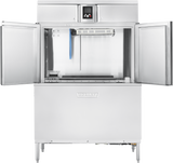 A commercial stainless steel Hobart CL44-BAS Conveyor Dishwasher with double doors wide open reveals an empty interior, spray arms, and a control panel above; this ENERGY STAR machine stands on short legs with a clean, industrial look.