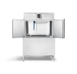 A commercial stainless steel Conveyor Dishwasher with both doors open, revealing a spacious interior and blue spray arm. The sleek Hobart CL44-BAS features four legs, a digital control panel, and ENERGY STAR efficiency for modern kitchens.