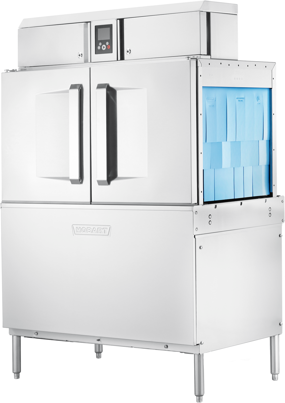 A large, industrial Hobart CL44-BAS conveyor dishwasher with double doors, ENERGY STAR certification, a digital control panel at the top, and blue racks inside. Supported by four metal legs, “HOBART” is embossed on the front.