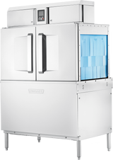 A large, industrial Hobart CL44-BAS conveyor dishwasher with double doors, ENERGY STAR certification, a digital control panel at the top, and blue racks inside. Supported by four metal legs, “HOBART” is embossed on the front.