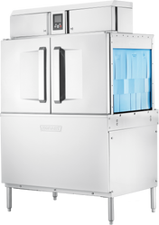 A large, industrial Hobart CL44-BAS conveyor dishwasher with double doors, ENERGY STAR certification, a digital control panel at the top, and blue racks inside. Supported by four metal legs, “HOBART” is embossed on the front.