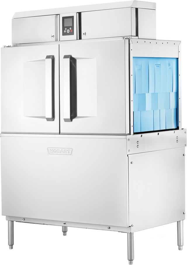 A large, industrial Hobart CL44-BAS conveyor dishwasher with double doors, ENERGY STAR certification, a digital control panel at the top, and blue racks inside. Supported by four metal legs, “HOBART” is embossed on the front.