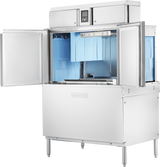 A large industrial Hobart CL44-BAS conveyor dishwasher with both front doors open reveals a bright blue ENERGY STAR-rated interior, spray arms, and rack guides. Control buttons sit on top, and the machine stands on four legs with the brand name Hobart visible in front.