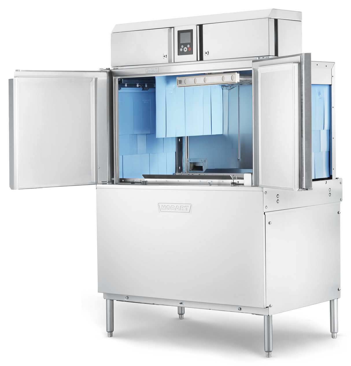 A large Hobart CL44-BAS conveyor dishwasher with both doors open reveals blue plastic components and hanging blue panels. An ENERGY STAR control panel with display sits at the top front, and the machine stands on metallic legs.