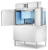 A large Hobart CL44-BAS conveyor dishwasher with both doors open reveals blue plastic components and hanging blue panels. An ENERGY STAR control panel with display sits at the top front, and the machine stands on metallic legs.