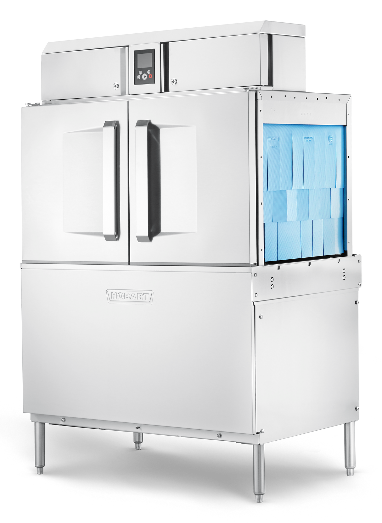 A large, stainless steel Hobart CL44-BAS Conveyor Dishwasher with double front doors, ENERGY STAR certification, a digital control panel on top, and multiple blue trays inside. The machine stands on four legs and features a modern industrial design.