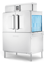 A large, stainless steel Hobart CL44-BAS Conveyor Dishwasher with double front doors, ENERGY STAR certification, a digital control panel on top, and multiple blue trays inside. The machine stands on four legs and features a modern industrial design.