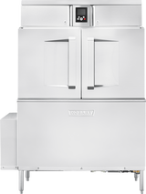 A large, industrial-grade stainless steel conveyor dishwasher with double doors, a digital control panel at the top center, the brand name “Hobart” on the front, and metal legs—designed as a high capacity dishwasher for heavy-duty kitchen use.