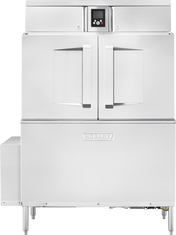 A large, industrial-grade stainless steel conveyor dishwasher with double doors, a digital control panel at the top center, the brand name “Hobart” on the front, and metal legs—designed as a high capacity dishwasher for heavy-duty kitchen use.