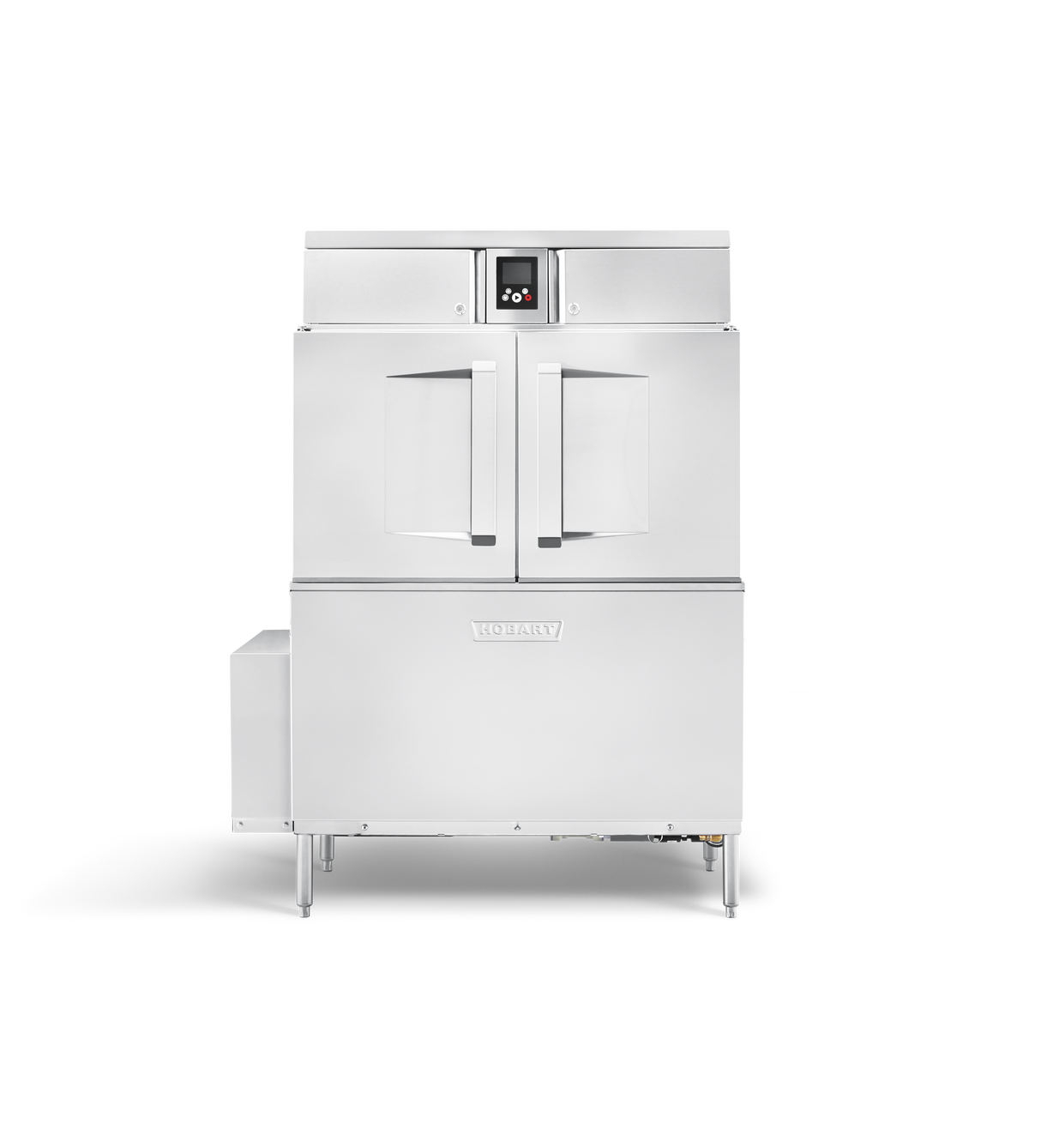 A large, industrial stainless steel high capacity dishwasher with two front doors, a digital control panel at the top center, and the Hobart brand logo on the lower section stands on four legs against a plain background.