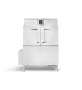 A large, industrial stainless steel high capacity dishwasher with two front doors, a digital control panel at the top center, and the Hobart brand logo on the lower section stands on four legs against a plain background.
