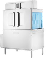 A large, stainless steel conveyor dishwasher with two vertical doors, a digital control panel on top, and blue filter panels on the right side. The machine stands on four legs and features Hobarts embossed brand name along with drain water energy recovery.