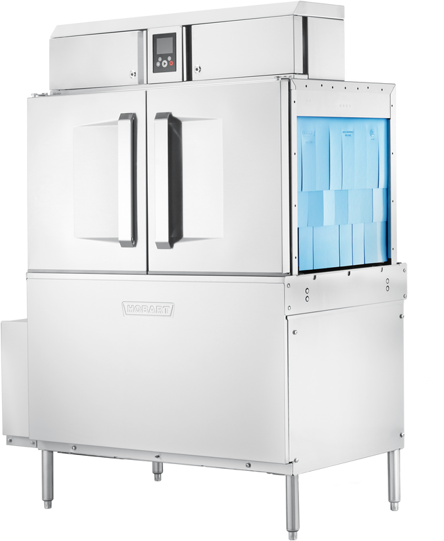 A large, stainless steel conveyor dishwasher with two vertical doors, a digital control panel on top, and blue filter panels on the right side. The machine stands on four legs and features Hobarts embossed brand name along with drain water energy recovery.