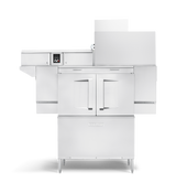 A commercial dishwasher with two clear double doors, a digital control panel on the left, and a large upper loading unit. Standing on four legs against a white background, this conveyor dishwasher offers efficient cleaning for busy kitchens.