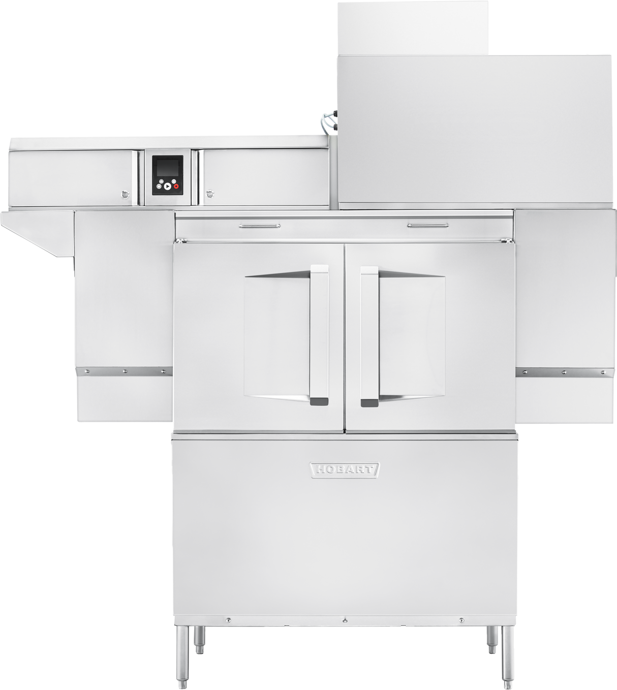 A large, industrial stainless steel oven with double glass doors, a control panel on the left, and a raised rectangular unit on top. The oven stands on four legs and features ventless energy recovery similar to advanced commercial dishwasher systems.