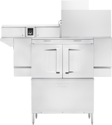 A large, industrial stainless steel oven with double glass doors, a control panel on the left, and a raised rectangular unit on top. The oven stands on four legs and features ventless energy recovery similar to advanced commercial dishwasher systems.