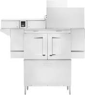 A large, industrial stainless steel oven with double glass doors, a control panel on the left, and a raised rectangular unit on top. The oven stands on four legs and features ventless energy recovery similar to advanced commercial dishwasher systems.