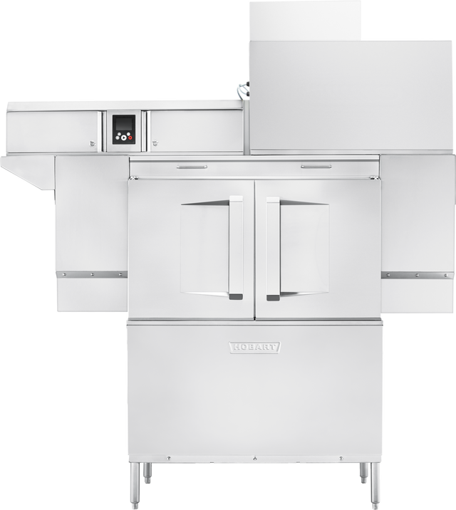 A large, industrial stainless steel oven with double glass doors, a control panel on the left, and a raised rectangular unit on top. The oven stands on four legs and features ventless energy recovery similar to advanced commercial dishwasher systems.