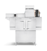 A large, industrial stainless steel commercial dishwasher with double doors at the front, an upper compartment with visible mechanical parts, a side control panel, and sturdy legs—designed for commercial kitchen use. The Rotaray logo appears on the lower section.