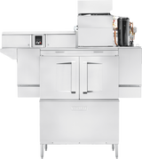 A large commercial stainless steel conveyor dishwasher with double front doors, control panel, and an exposed mechanical unit on the top right; the brand “Rotary” is visible. Features a modern, industrial design and advanced ventless energy recovery system.