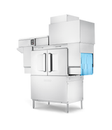 A large, commercial dishwasher with double doors features a control panel on the upper left and blue plastic racks on the right for loading dishes. This modern, industrial design includes ventless energy recovery for efficient operation.