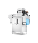 A large, industrial conveyor dishwasher with front double doors, control panel on the top left, exposed mechanical components above, and a blue plastic rack visible on the right side, all set against a plain white background.