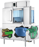 A large conveyor dishwasher with its side panels removed reveals internal components: red and orange heating coils, a blue water tank, and a green water pump system. The front door is open, showing racks inside and features automatic soil removal.