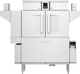 A commercial stainless steel Hobart conveyor dishwasher with double front doors, a central digital control panel above the doors, side racks, and sturdy legs. Features like drain water energy recovery make it ideal for modern industrial kitchens.