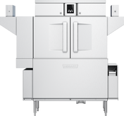 A commercial stainless steel Hobart conveyor dishwasher with double front doors, a central digital control panel above the doors, side racks, and sturdy legs. Features like drain water energy recovery make it ideal for modern industrial kitchens.