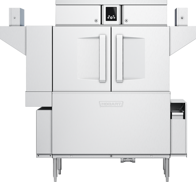 A commercial stainless steel Hobart conveyor dishwasher with double front doors, a central digital control panel above the doors, side racks, and sturdy legs. Features like drain water energy recovery make it ideal for modern industrial kitchens.
