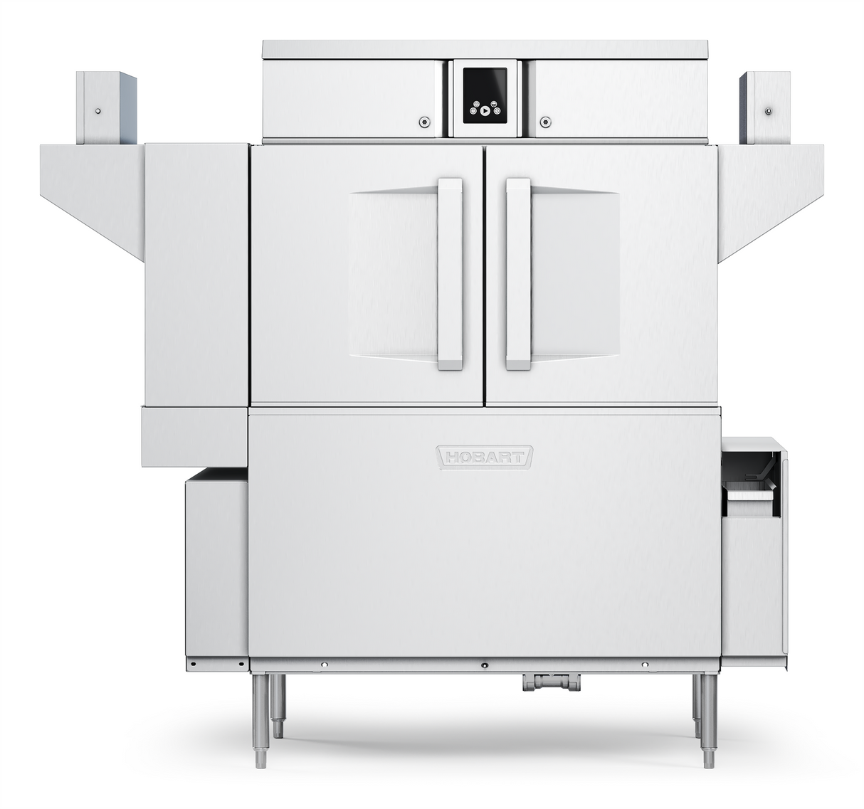 Front view of a large, industrial stainless steel conveyor dishwasher with double doors, control panel at the top center, two side shelves, and the Hobart logo. Features include automatic soil removal and a pull-out tray on the right side.
