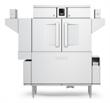 Front view of a large, industrial stainless steel conveyor dishwasher with double doors, control panel at the top center, two side shelves, and the Hobart logo. Features include automatic soil removal and a pull-out tray on the right side.