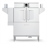 A modern, industrial high capacity dishwasher with double front doors, a digital control panel above, and side racks. Standing on four legs and labeled “HOBART,” this energy efficient dishwasher is ideal for commercial kitchens.