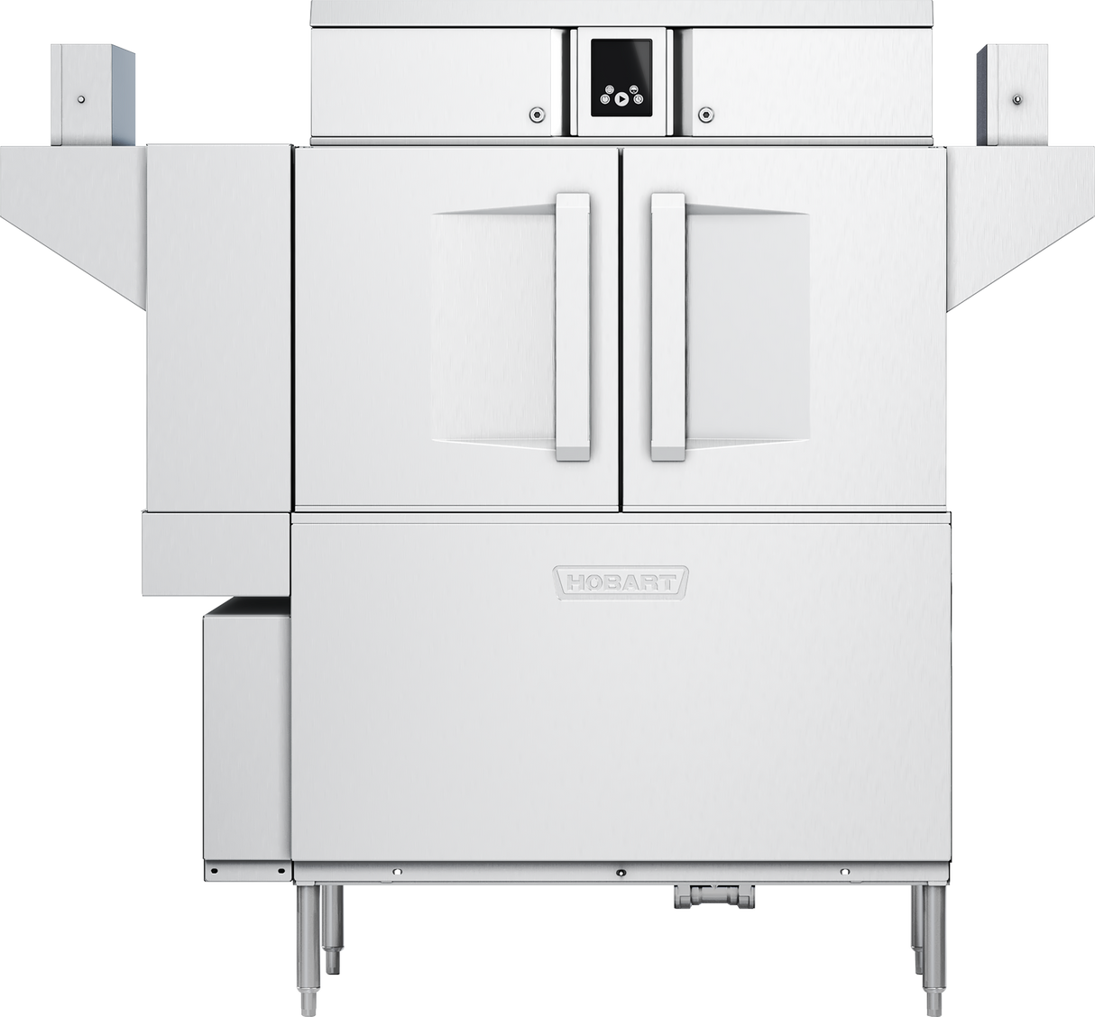 Front view of a high capacity Hobart conveyor dishwasher with double doors, control panel at the top center, and side racks extending outward. The unit stands on metal legs and has a smooth, industrial design for kitchen use.