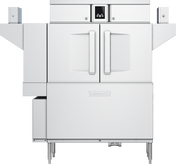 Front view of a high capacity Hobart conveyor dishwasher with double doors, control panel at the top center, and side racks extending outward. The unit stands on metal legs and has a smooth, industrial design for kitchen use.