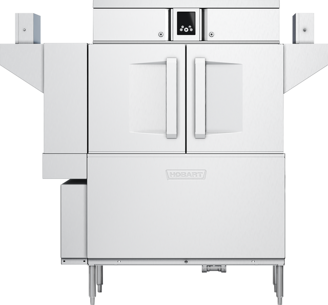 Front view of a high capacity Hobart conveyor dishwasher with double doors, control panel at the top center, and side racks extending outward. The unit stands on metal legs and has a smooth, industrial design for kitchen use.