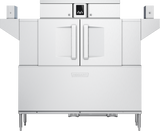 A commercial stainless steel Hobart conveyor dishwasher with double front doors, a control panel centered above the doors, and wide side shelves. Its high capacity design is sleek and industrial, featuring a modern rectangular shape on tall adjustable legs.