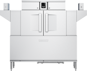 A commercial stainless steel Hobart conveyor dishwasher with double front doors, a control panel centered above the doors, and wide side shelves. Its high capacity design is sleek and industrial, featuring a modern rectangular shape on tall adjustable legs.