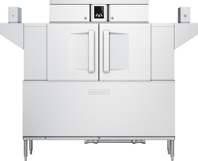 A commercial stainless steel Hobart conveyor dishwasher with double front doors, a control panel centered above the doors, and wide side shelves. Its high capacity design is sleek and industrial, featuring a modern rectangular shape on tall adjustable legs.