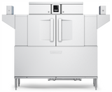 A large industrial stainless steel conveyor dishwasher with double front doors, angular side extensions, and a small digital control panel centered above the doors. The high-capacity unit stands on four legs and displays the Hobart logo on the front lower panel.