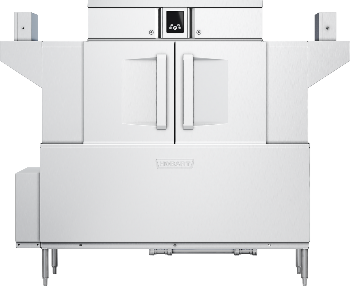 A large, industrial stainless steel Hobart conveyor dishwasher with double front doors, touch screen controls on a central display panel, prominent vertical handles, side extensions, and visible pipes and supports at the bottom.