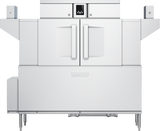 A large, industrial stainless steel Hobart conveyor dishwasher with double front doors, touch screen controls on a central display panel, prominent vertical handles, side extensions, and visible pipes and supports at the bottom.